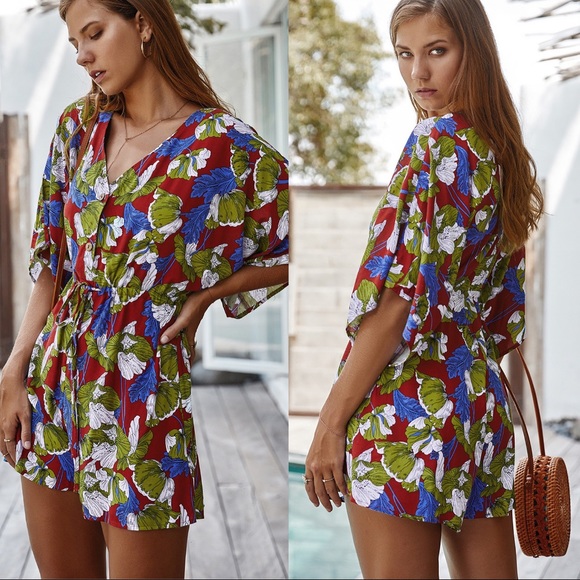 Stunning Mystery Pants - 🆕Leafy Floral Lace Tie Waist Romper Wine